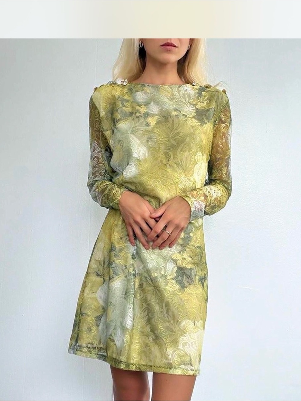 True vintage Green Floral Lace Long-Sleeve Shift Dress